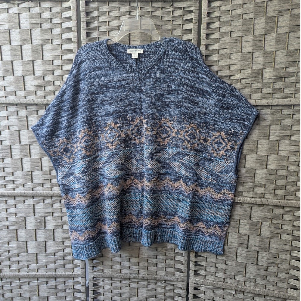 Coldwater Creek Poncho Blue Geometric Knit Oversized OS Cozy Southwestern Fall